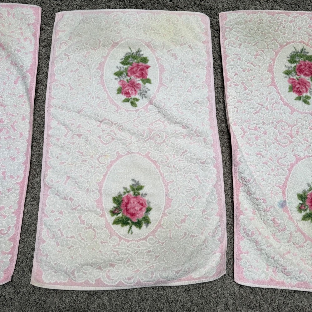 70s Vintage Cannon Royal Family 6pc Towel Set‎ Pink Rose Floral Cotton White - Picture 8 of 12